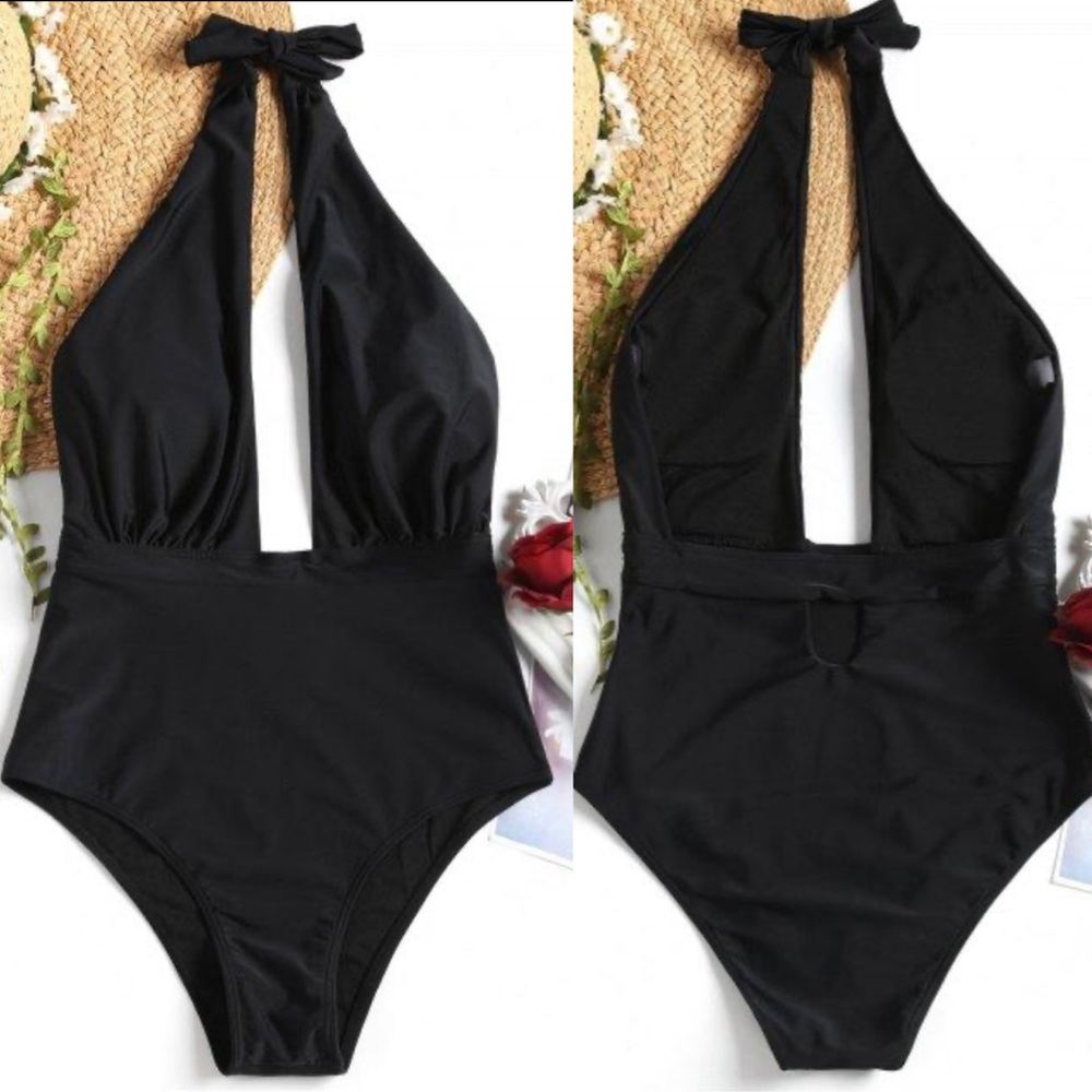 Black Plunging One Piece Swimsuit